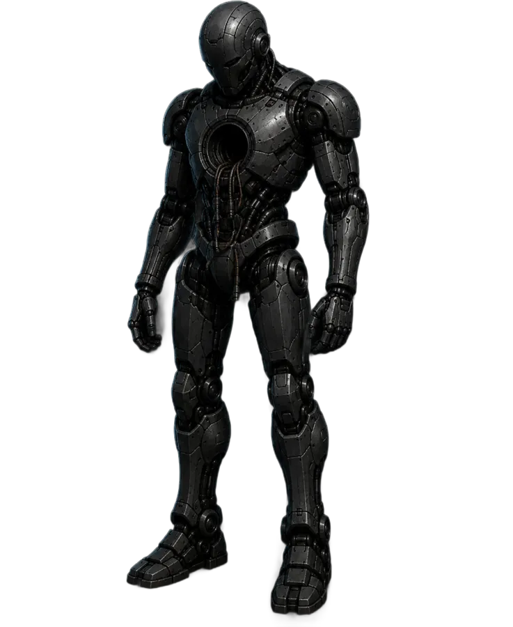 An unfitted agent chassis, arms at its sides, with an empty socket in its chest