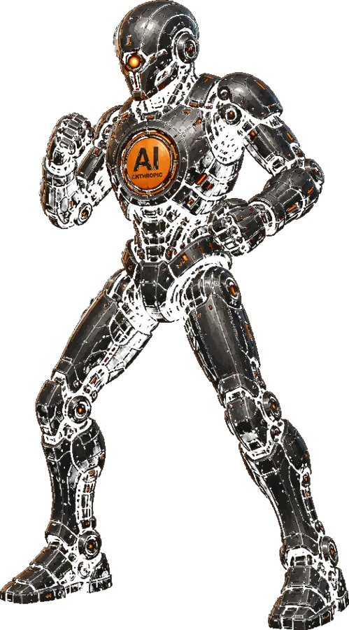 A Steel fighter in Anthropic livery: gunmetal armour with orange trim, fists raised, the Anthropic mark lit on its chest
