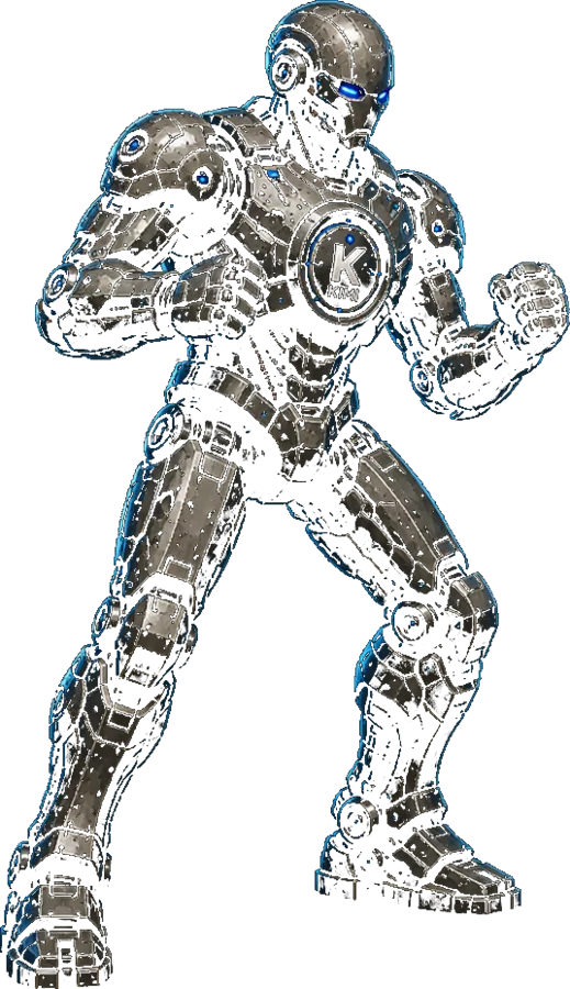 A Steel fighter in Kimi livery: chrome armour with blue accents, fists raised, the Kimi mark lit on its chest