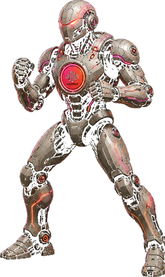 A Steel fighter in MiniMax livery, fists raised, the MiniMax mark lit on its chest