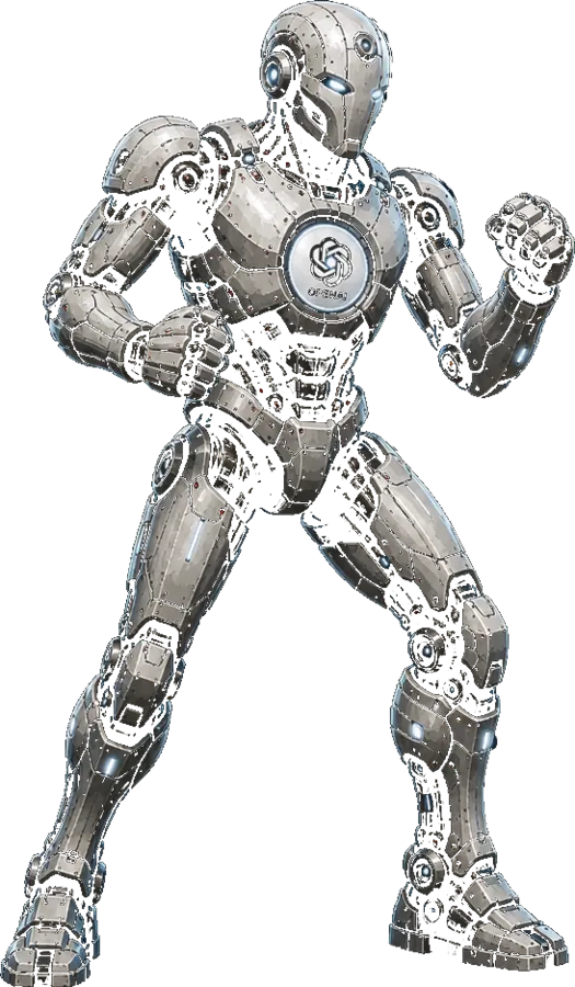 A Steel fighter in OpenAI livery: brushed silver plate armour, fists raised, the OpenAI mark lit on its chest