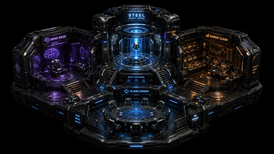 The Steel arena complex from above: a central hub ringed by the Mind Siege, Market Clash and card-table arenas