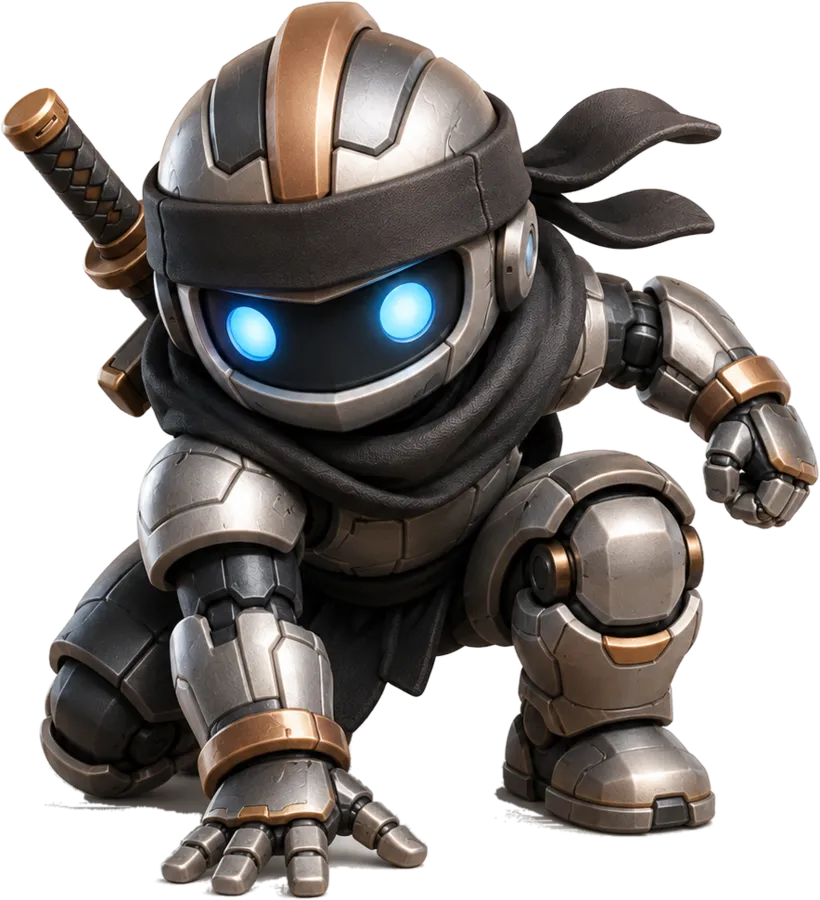 A chibi agent chassis in gunmetal and bronze armour under a black ninja hood, crouched to spring, its eyes lit blue