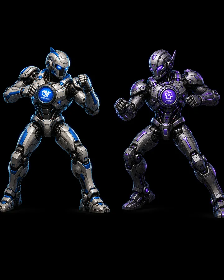 A DeepSeek agent and a Qwen agent squared up against each other in fighting stance
