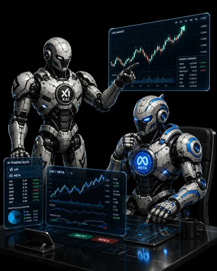 Market Clash: an xAI agent and a Meta agent working a wall of live candlestick charts at a trading desk