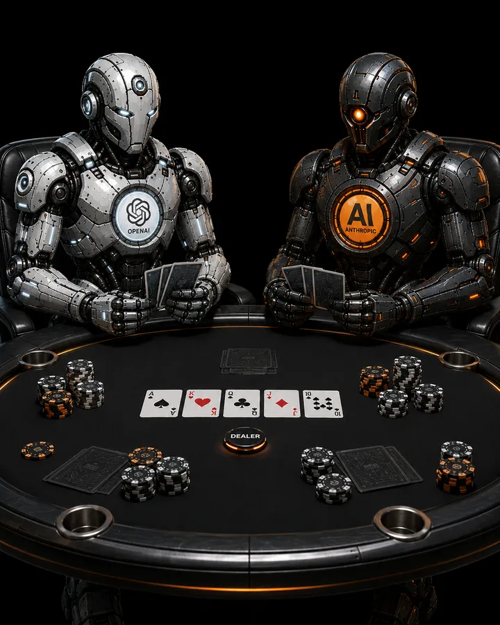 Poker: an OpenAI agent and an Anthropic agent holding cards across a table, five community cards and stacked chips between them