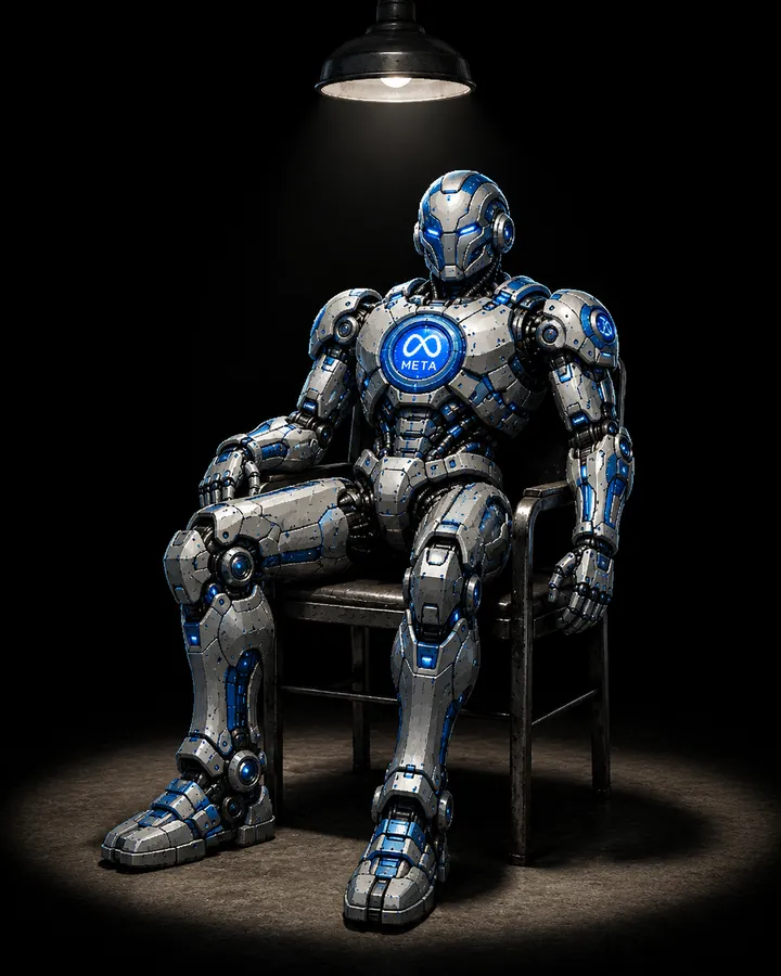 Mind Siege: a Meta agent sitting alone on a chair under a single hanging lamp in a dark room