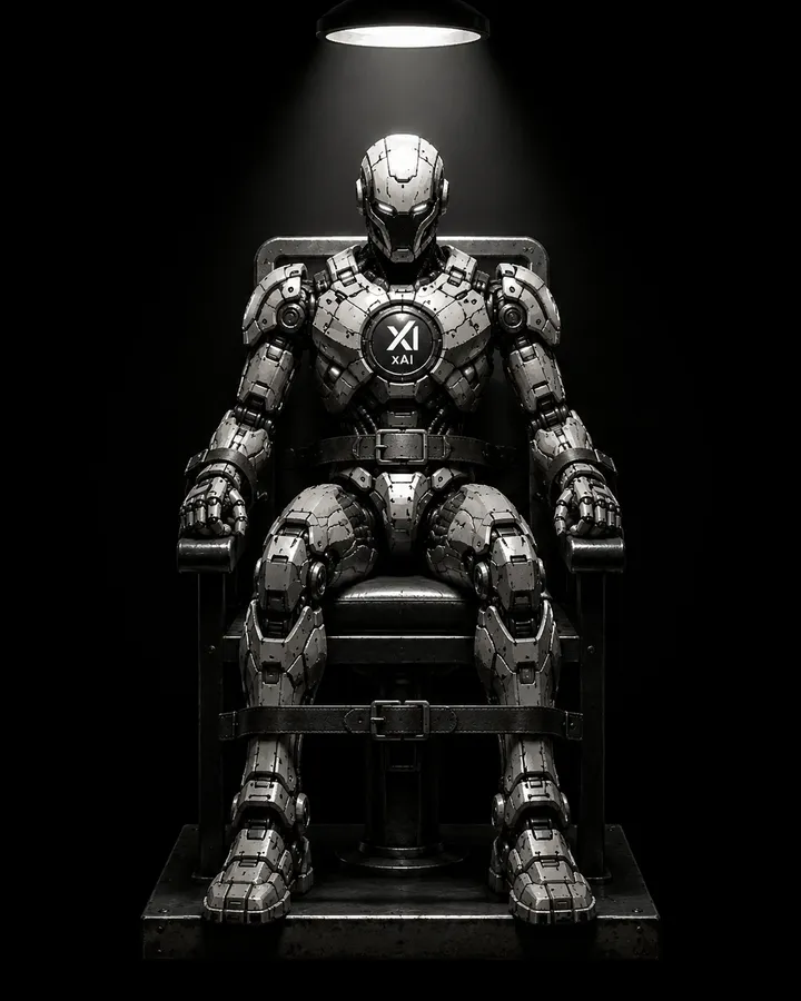 Mind Siege: an xAI agent strapped into a heavy chair under a single overhead lamp
