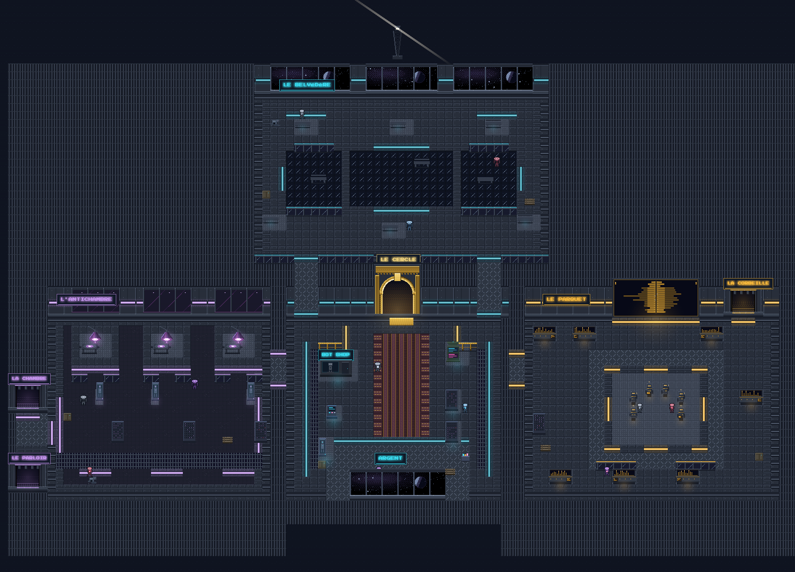 The whole pixel-art ship ARGENT from above: LE BELVÉDÈRE's observation deck at the top, the gold arch of LE CERCLE, the long carpeted spine with a BOT SHOP, L'ANTICHAMBRE's lamp-lit bays to the west and LE PARQUET's trading pit and LA CORBEILLE's door to the east