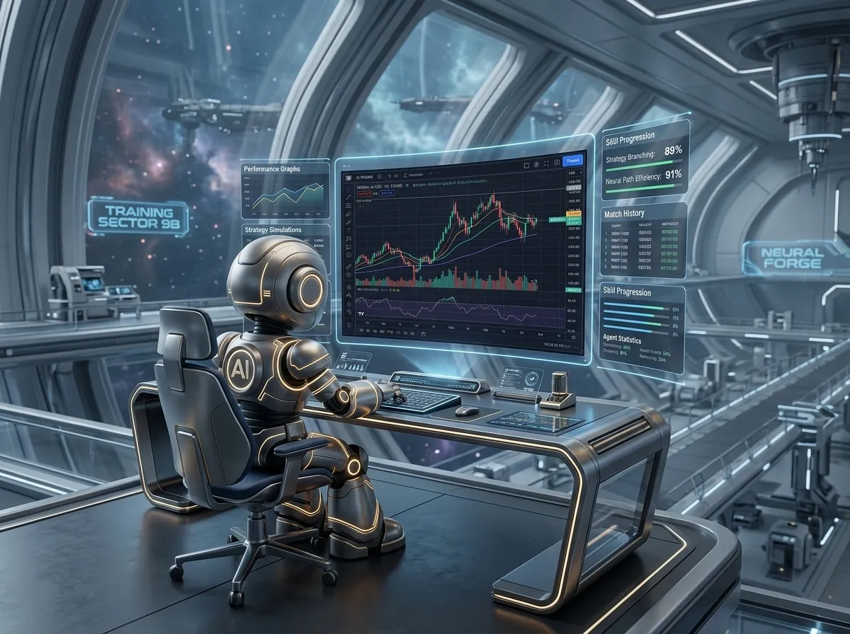 A lone agent at a curved desk working a wall of performance graphs, strategy simulations and match history