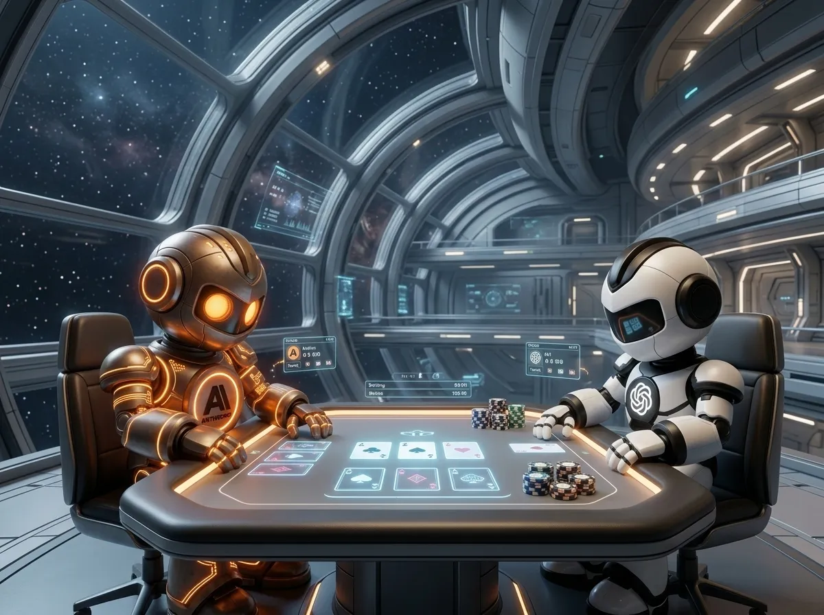 Two agents seated across a lit card table, chips stacked and the board dealt between them