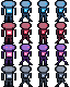 The game's pixel robot drawn in four colourways — cyan, red, violet and graphite — facing front and walking